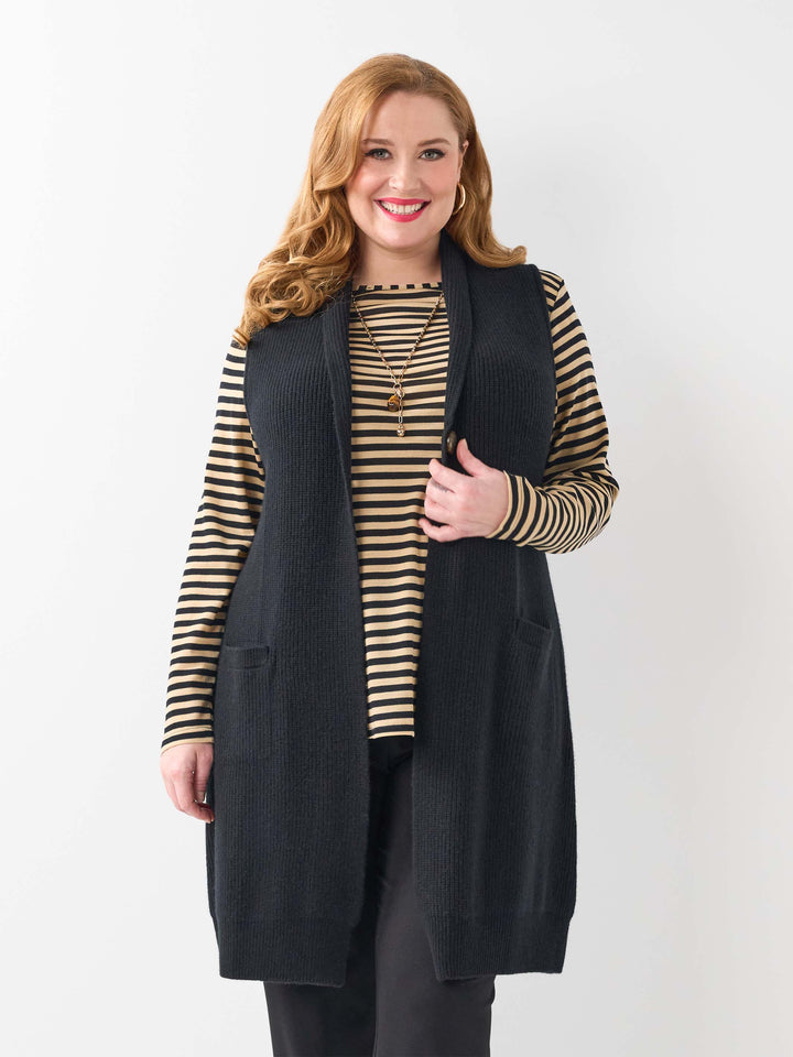 One Button Longline Knitted Vest - Black