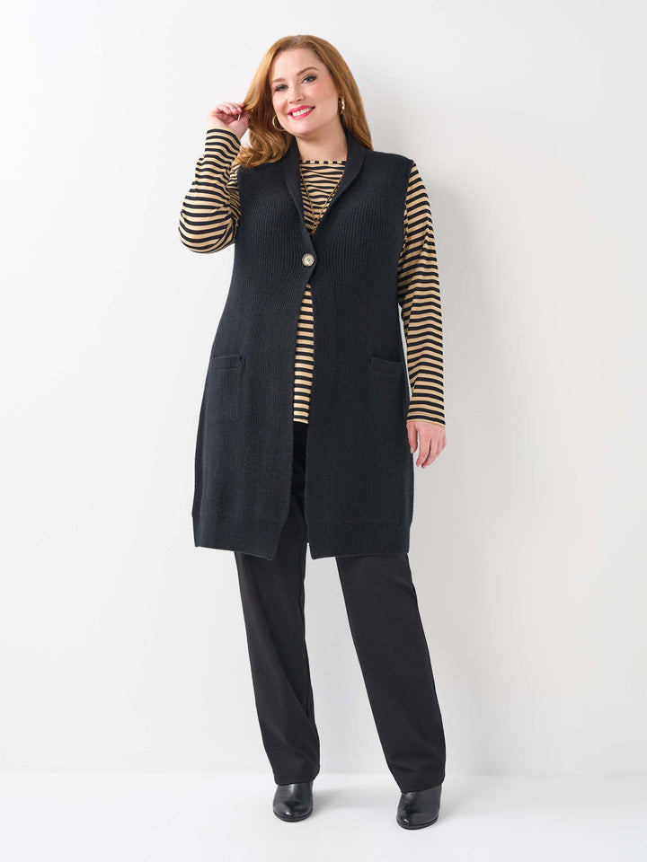 One Button Longline Knitted Vest - Black