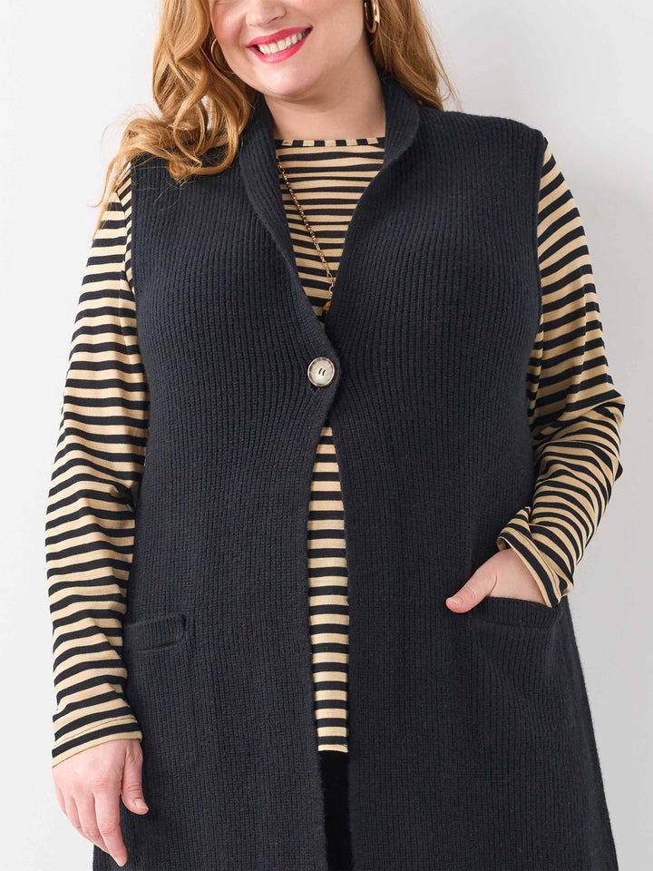 One Button Longline Knitted Vest - Black