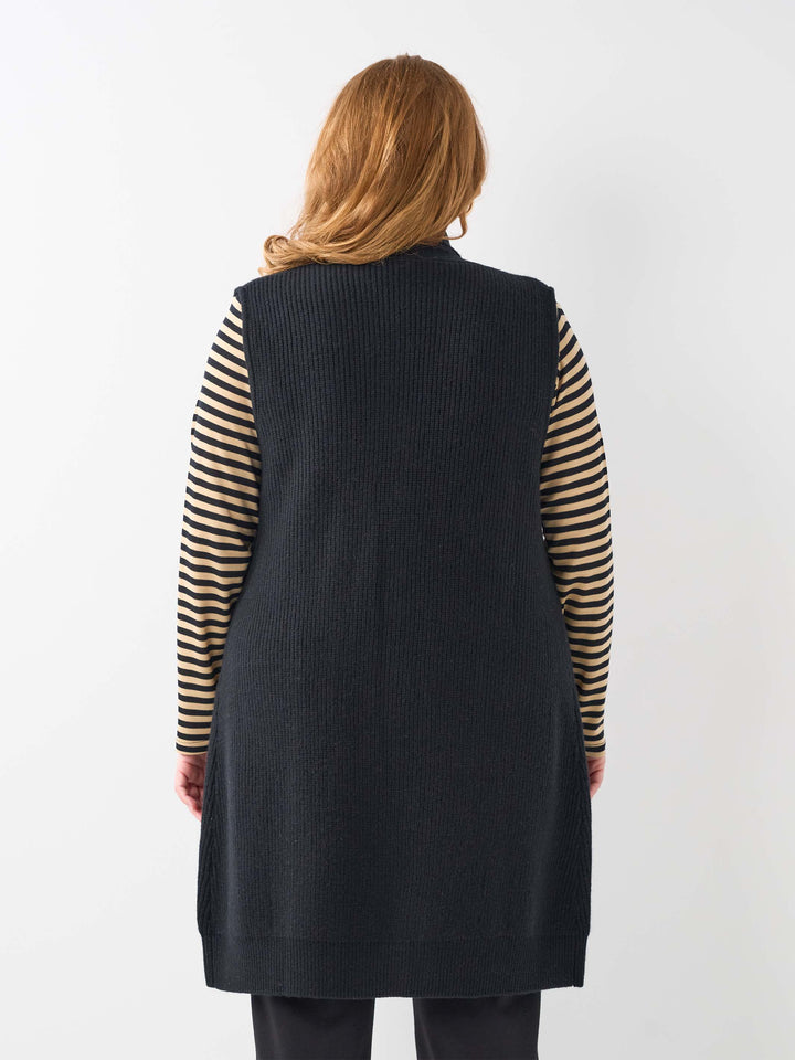 One Button Longline Knitted Vest - Black