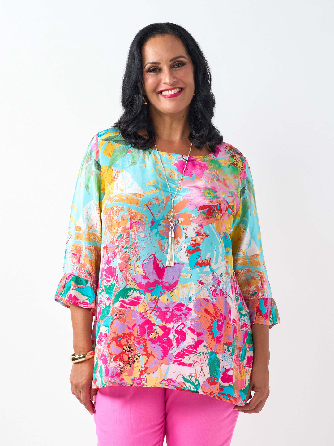 Tiffany Frill Cuff Silky Top - Pink