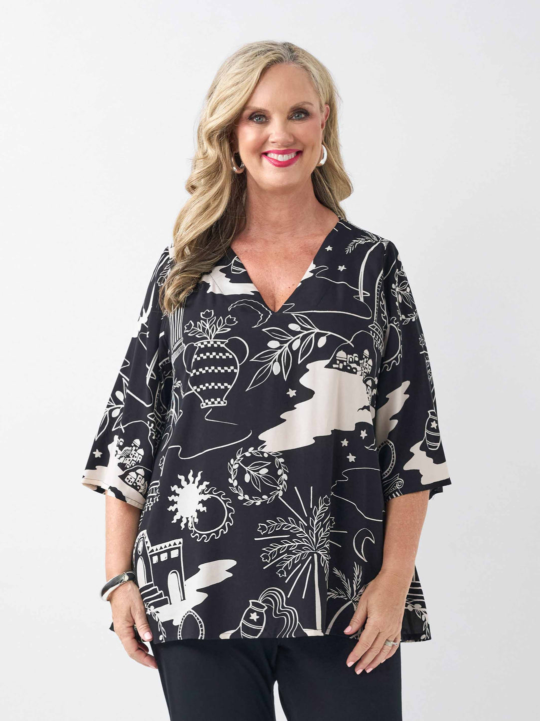 Printed Rayon V-Neck Top - Roman Era