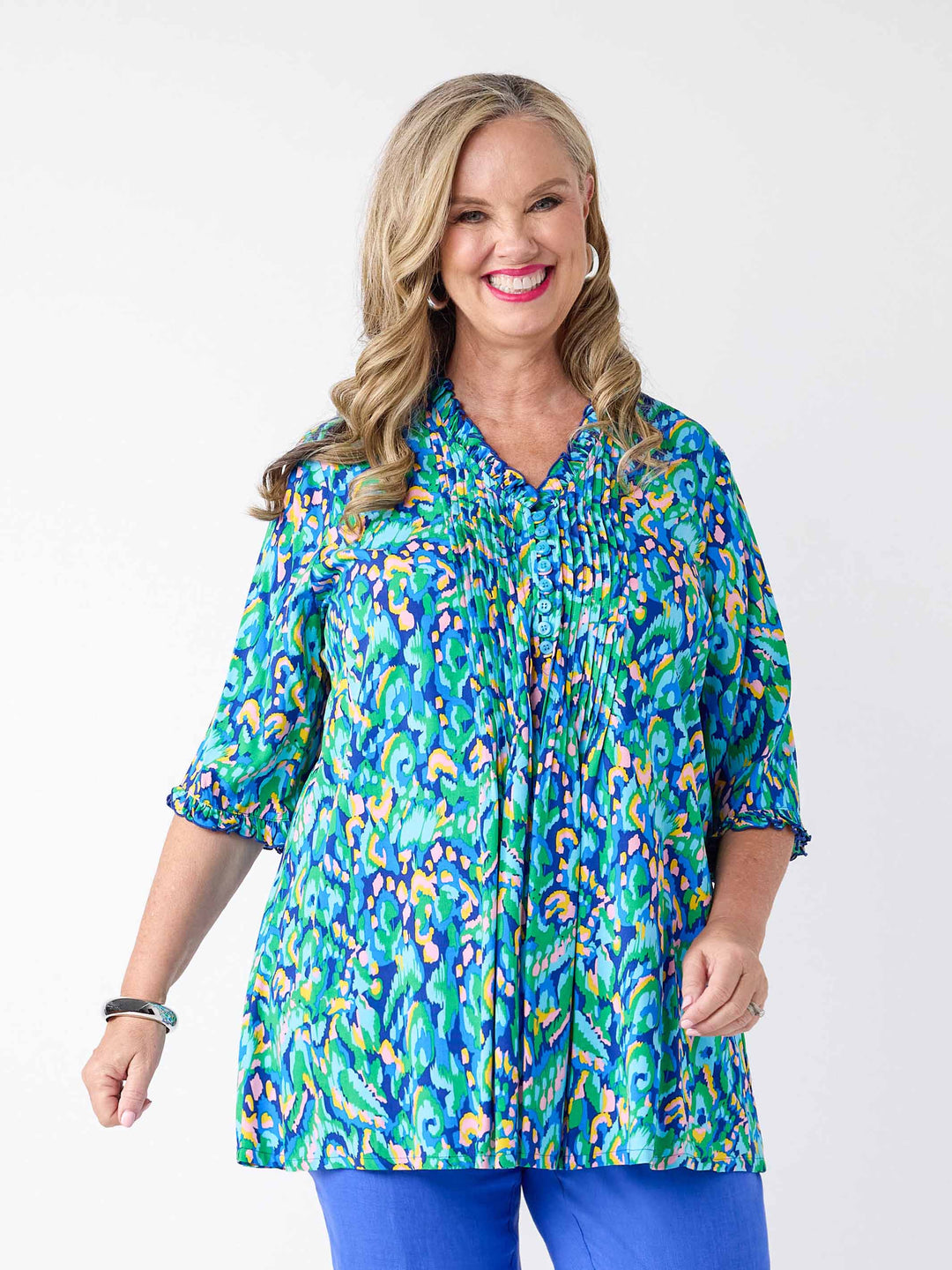 Ruffle Trim Tucked Rayon Top - Prisms Blue