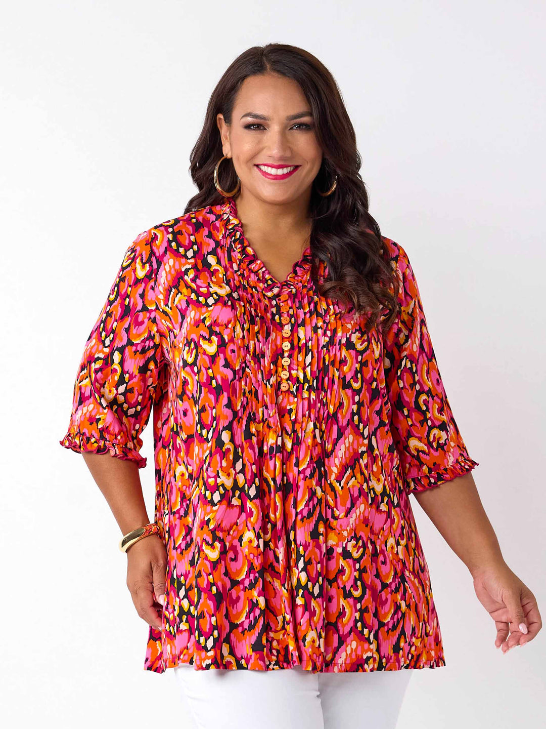 Ruffle Trim Tucked Rayon Top - Prisms Pink