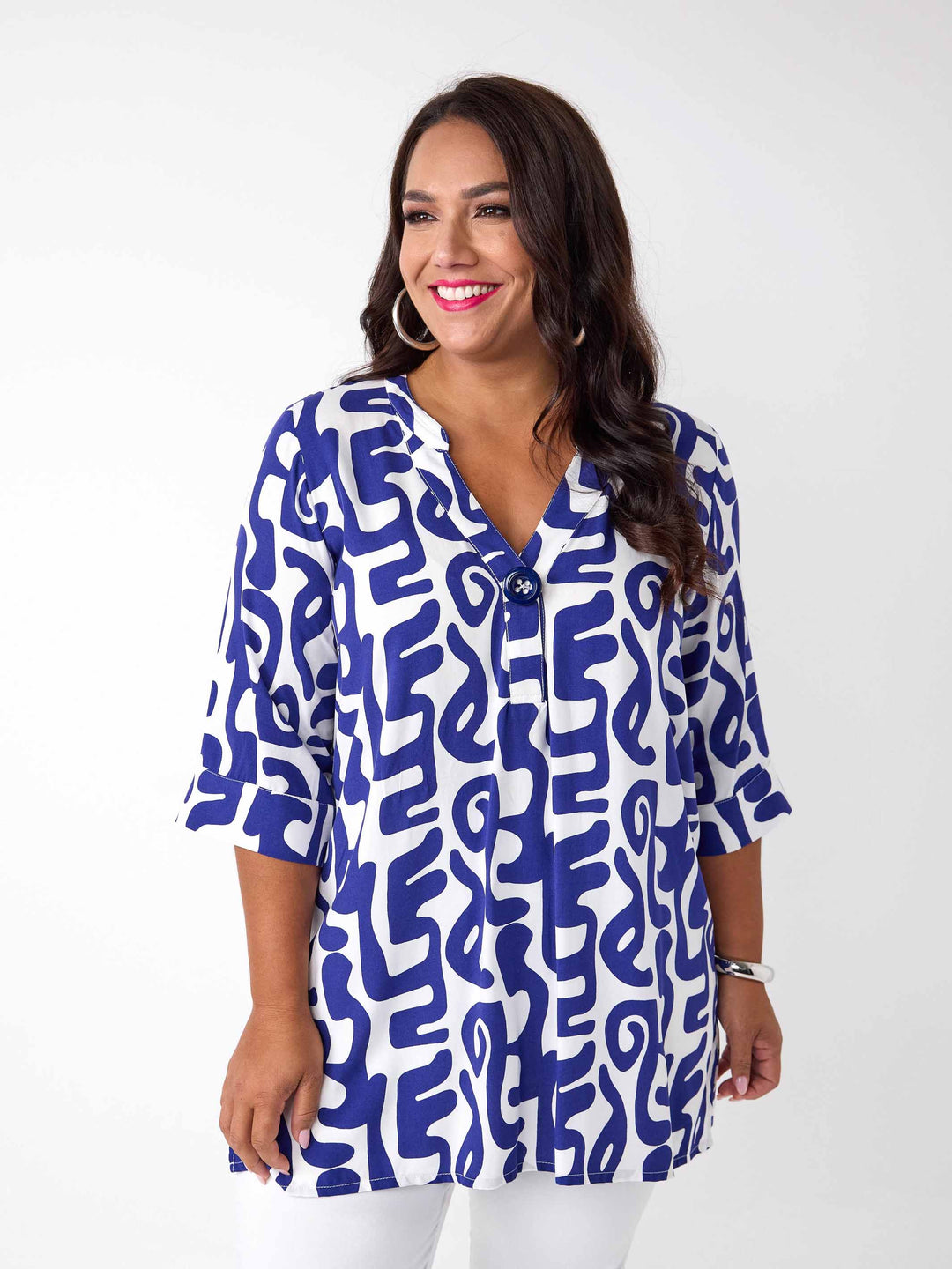 Button Placket Neck Printed Rayon Top - Symbols