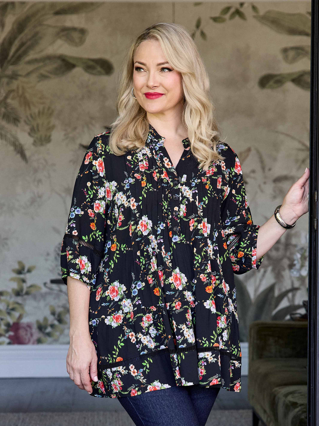 Lace Trim Tucked Rayon Top - Vintage Flowers