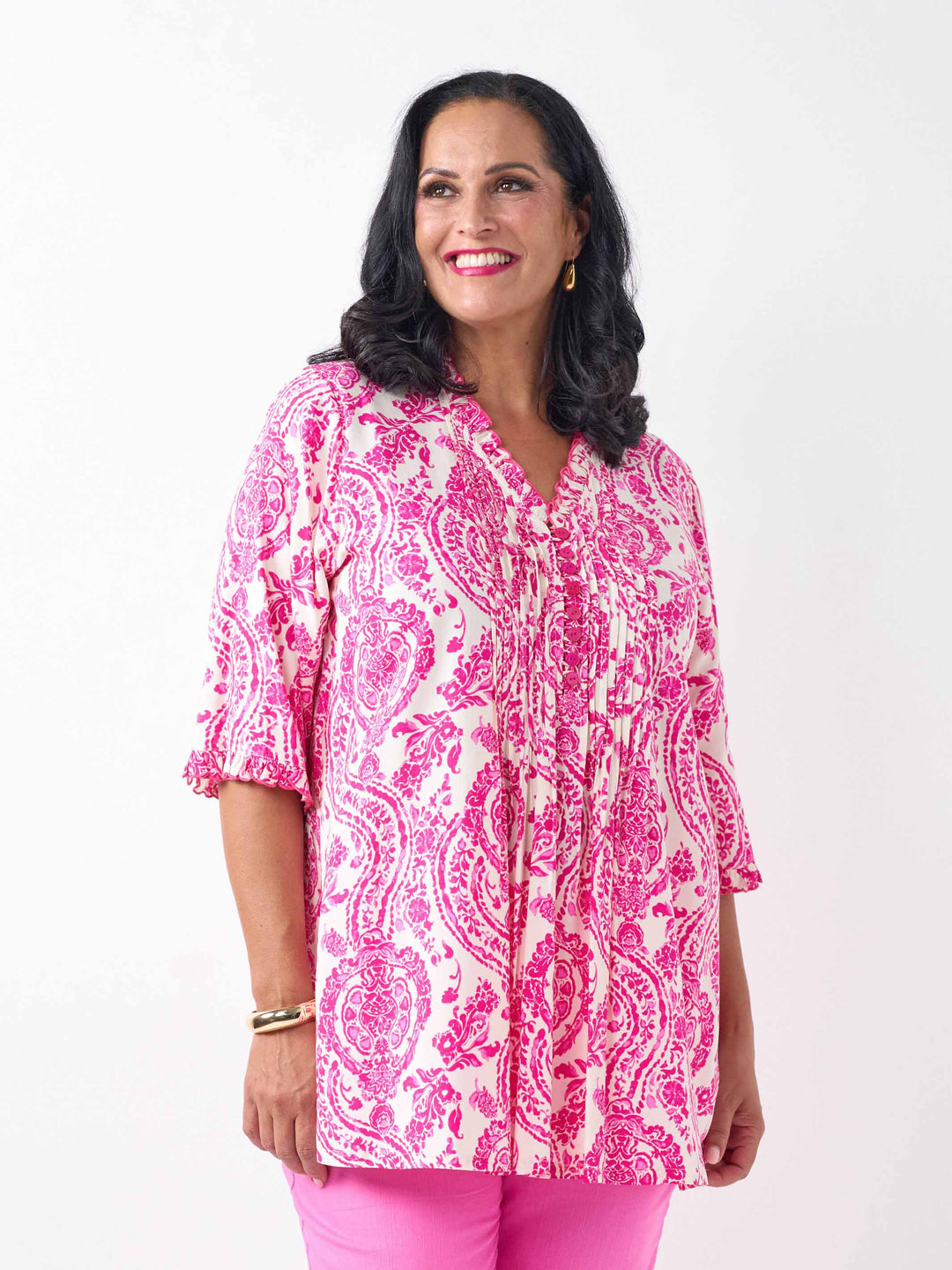 Ruffle Trim Tucked Rayon Top - Pink Paisley