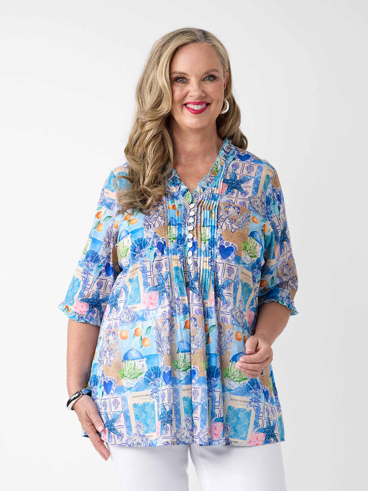 Ruffle Trim Tucked Cotton Top - Mykonos