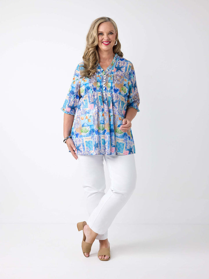 Ruffle Trim Tucked Cotton Top - Mykonos