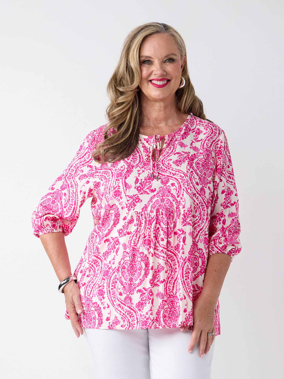 V-Neck Tie Front Rayon Swing Top - Pink Paisley