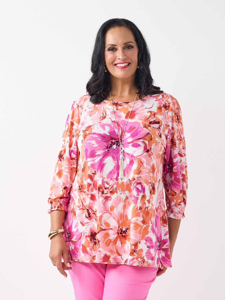Shirred Sleeve Printed Jersey Top - Flower Cluster