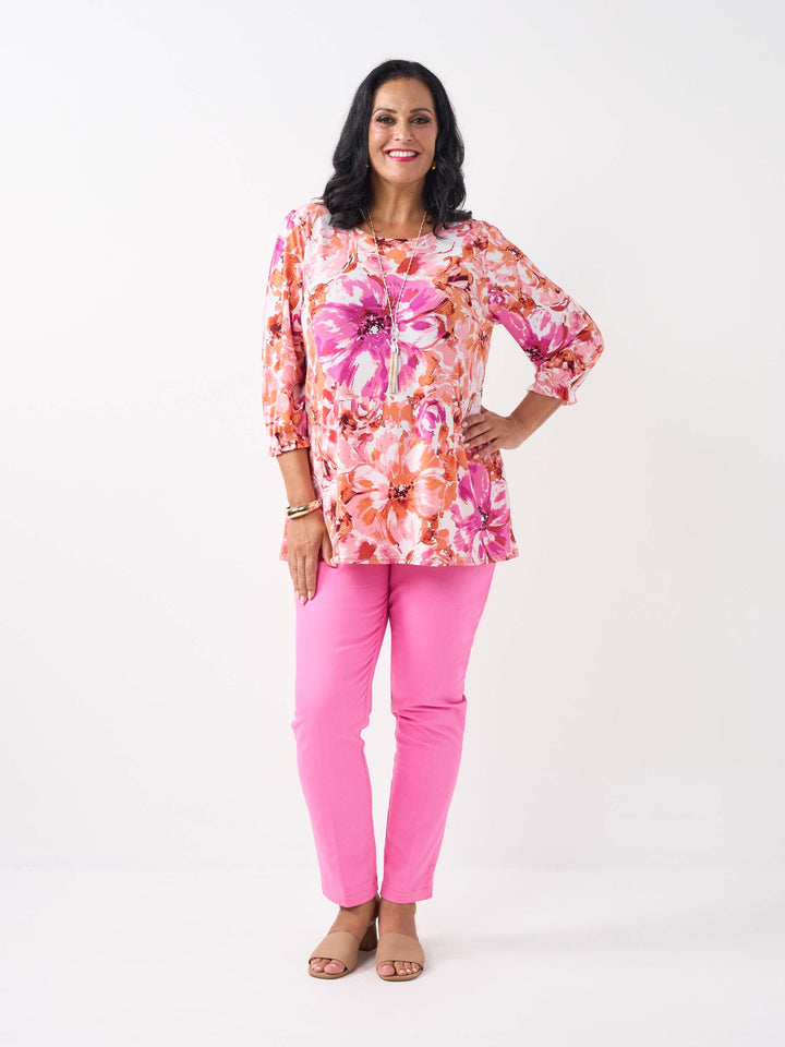 Shirred Sleeve Printed Jersey Top - Flower Cluster
