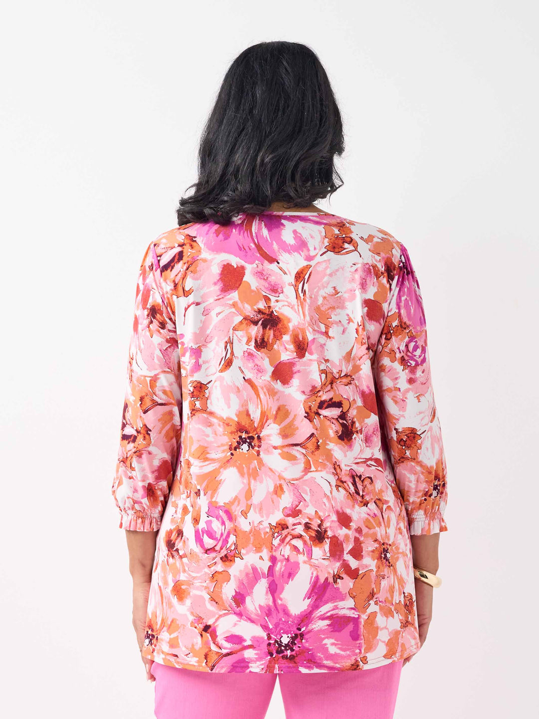 Shirred Sleeve Printed Jersey Top - Flower Cluster