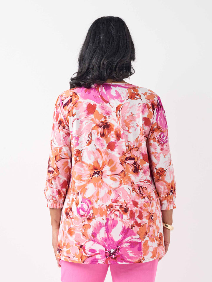 Shirred Sleeve Printed Jersey Top - Flower Cluster
