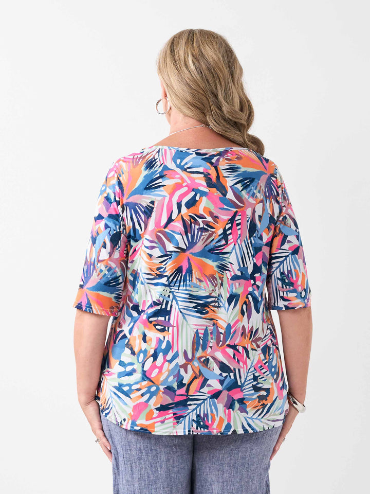 back view of a colourful tropical leaf print top