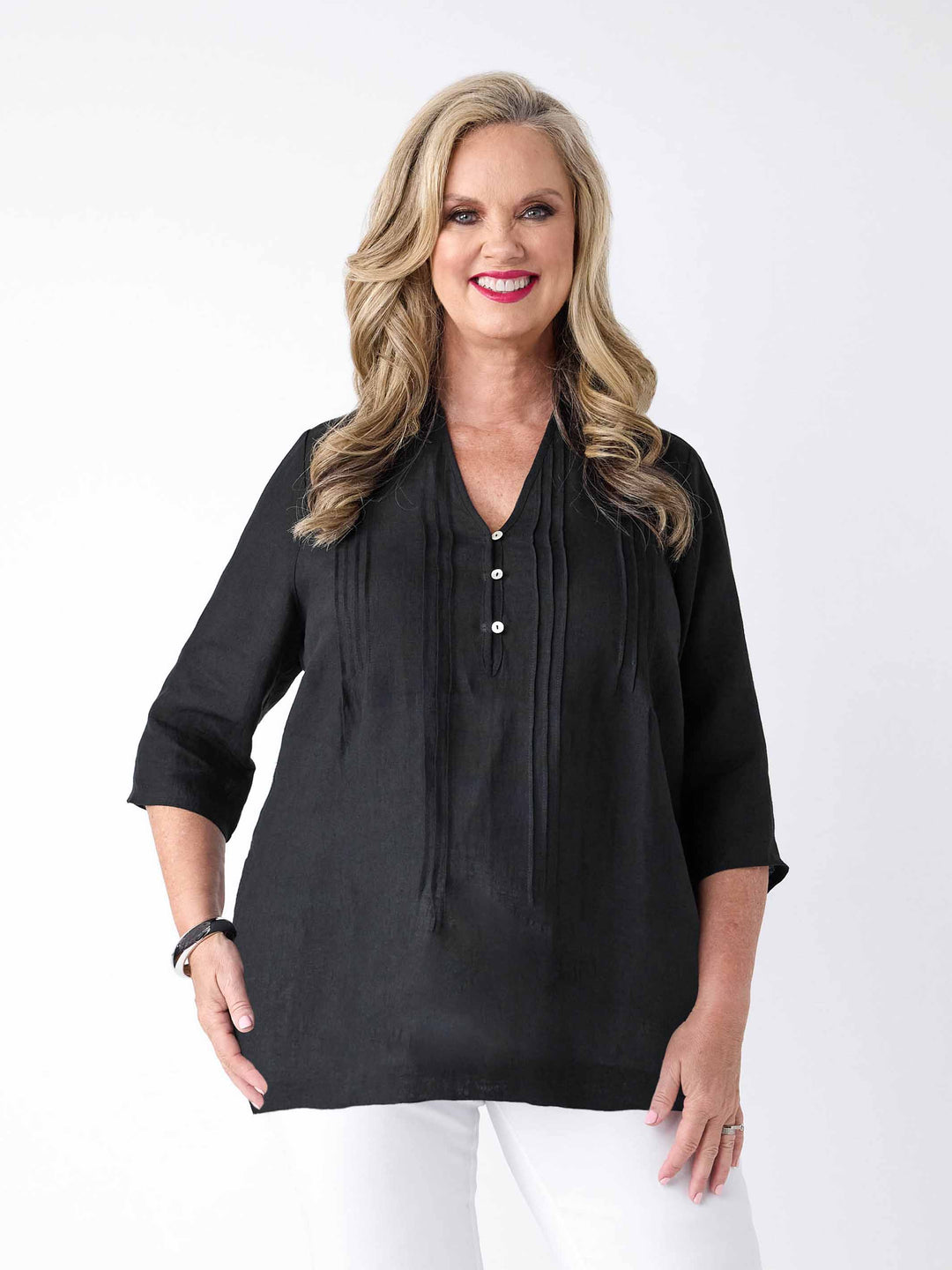 Plain V-Neck Tuck Front Linen Top - Black