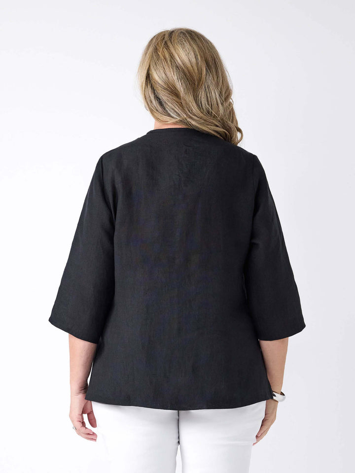 A woman viewed from the back wearing a black three-quarter sleeve top 