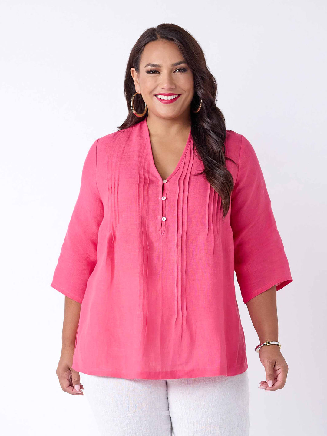 Plain V-Neck Tuck Front Linen Top - Pink