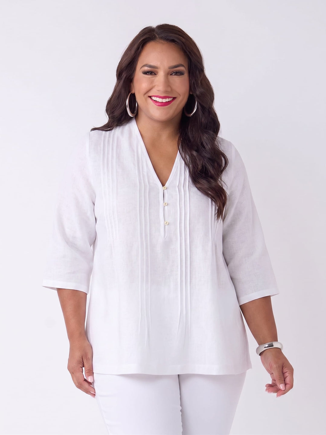 Plain V-Neck Tuck Front Linen Top - White