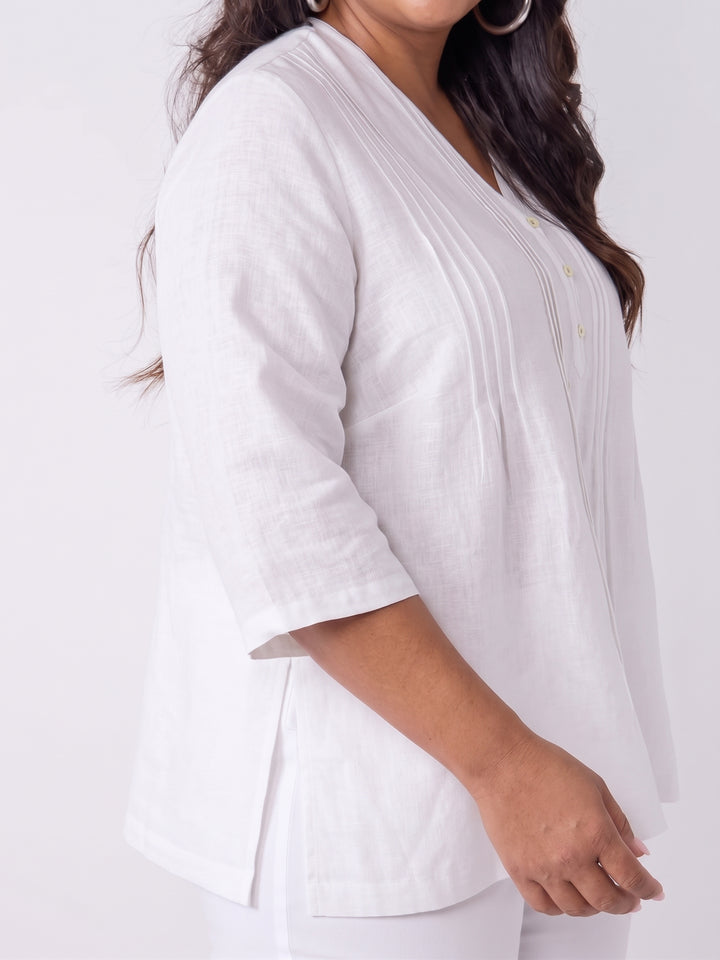 Plain V-Neck Tuck Front Linen Top - White