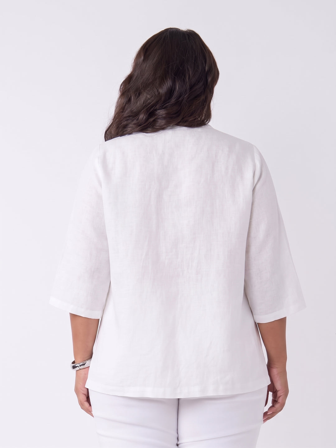 Plain V-Neck Tuck Front Linen Top - White