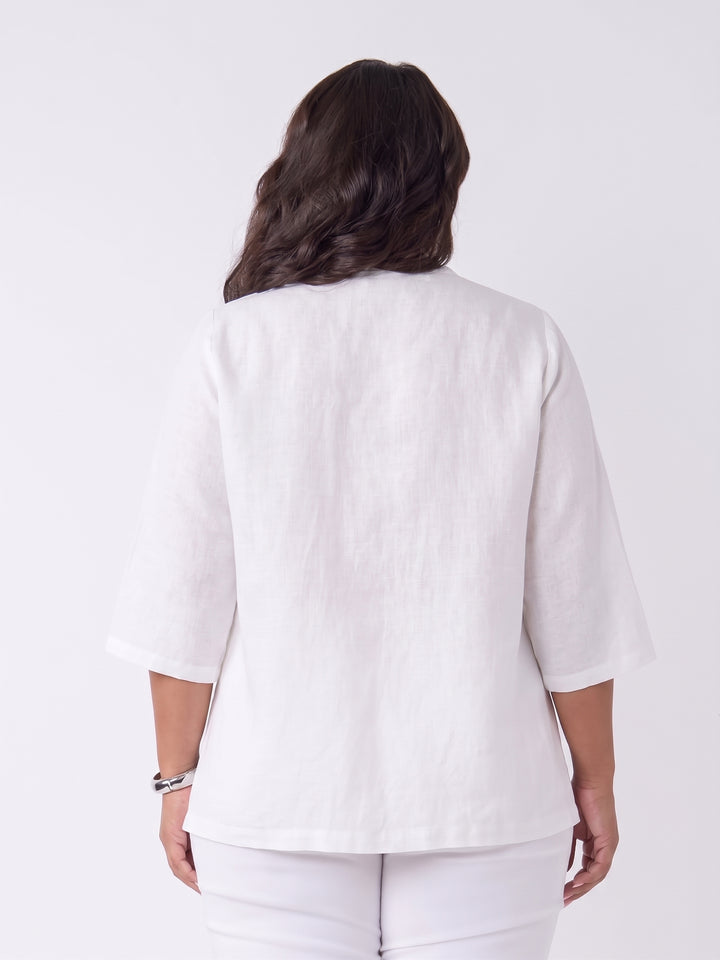 Plain V-Neck Tuck Front Linen Top - White