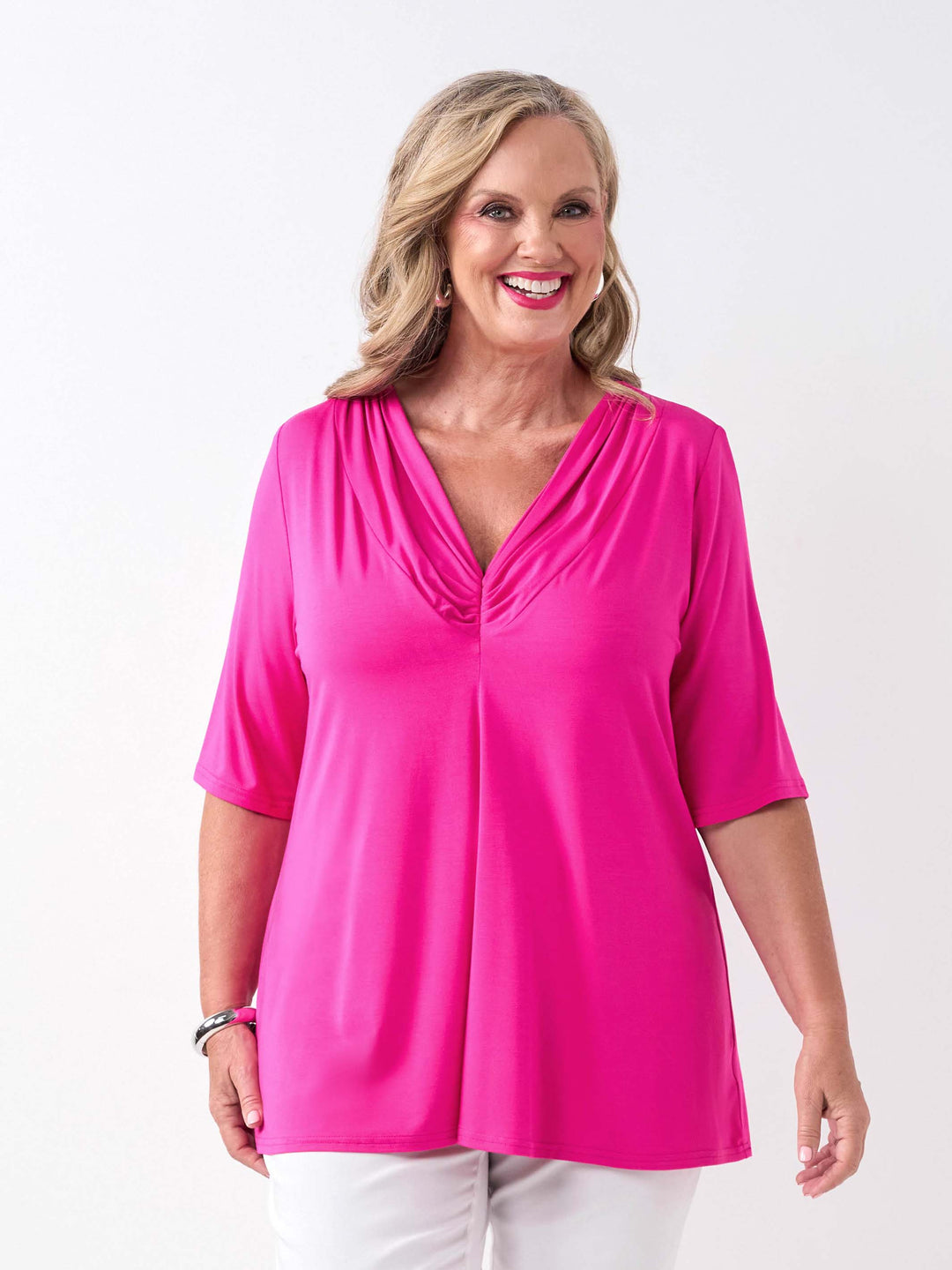 Plain V-Neck Stretch Bamboo Top - Hot Pink