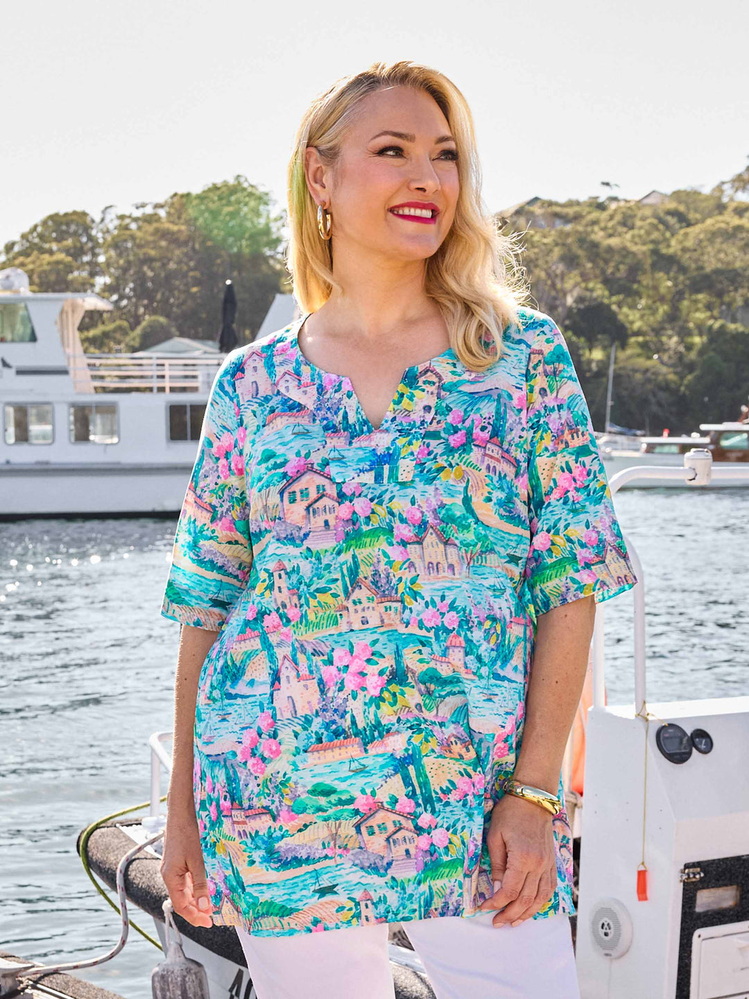 Notch Neck Printed Cotton Tunic Top - Lake Como