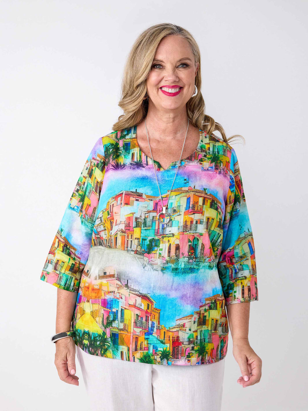 Notch Neck Printed Linen Top - Procida