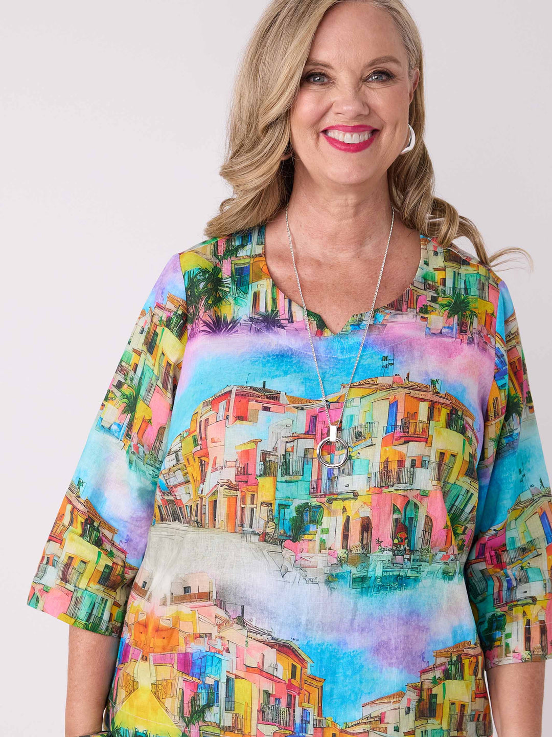 Notch Neck Printed Linen Top - Procida