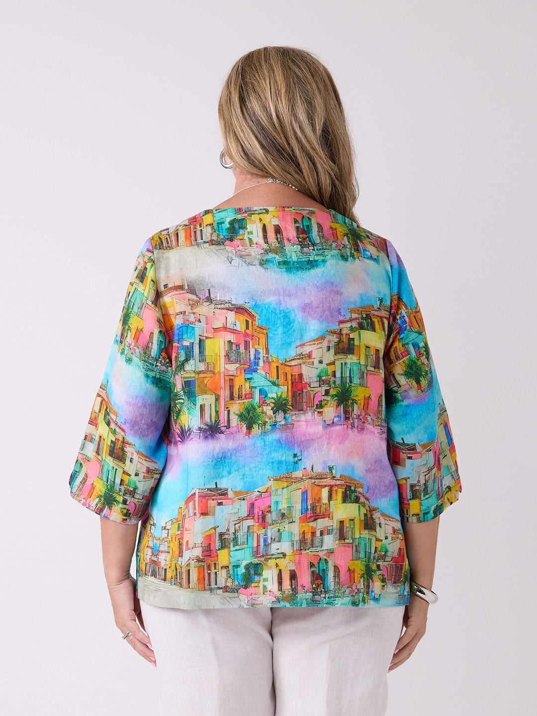 Notch Neck Printed Linen Top - Procida