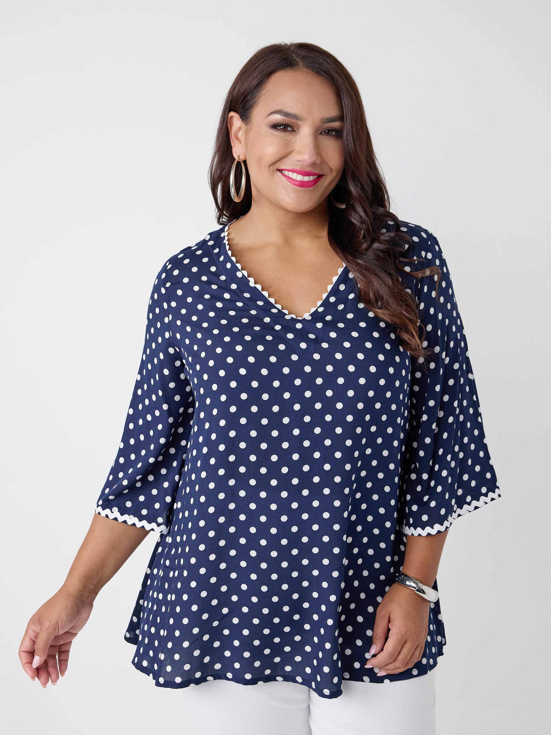 Ric Rac Trim Rayon Spot Top - Navy