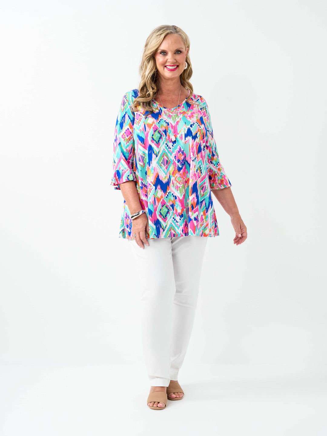 V-Neck Frill Cuff Jersey Top - Colourful Aztec