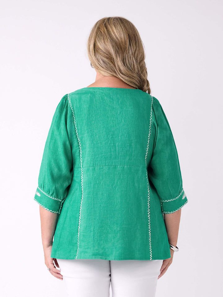 A woman viewed from the back wearing a bright emerald green three-quarter sleeve top with white contrast stitching, paired with white pants