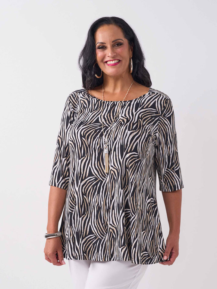 front view of model wearing a black, brown and white zebra-print square neck jersey top with three-quarter sleeves