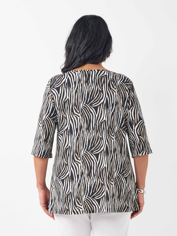 back view of model wearing a black, brown and white zebra-print square neck jersey top with three-quarter sleeves