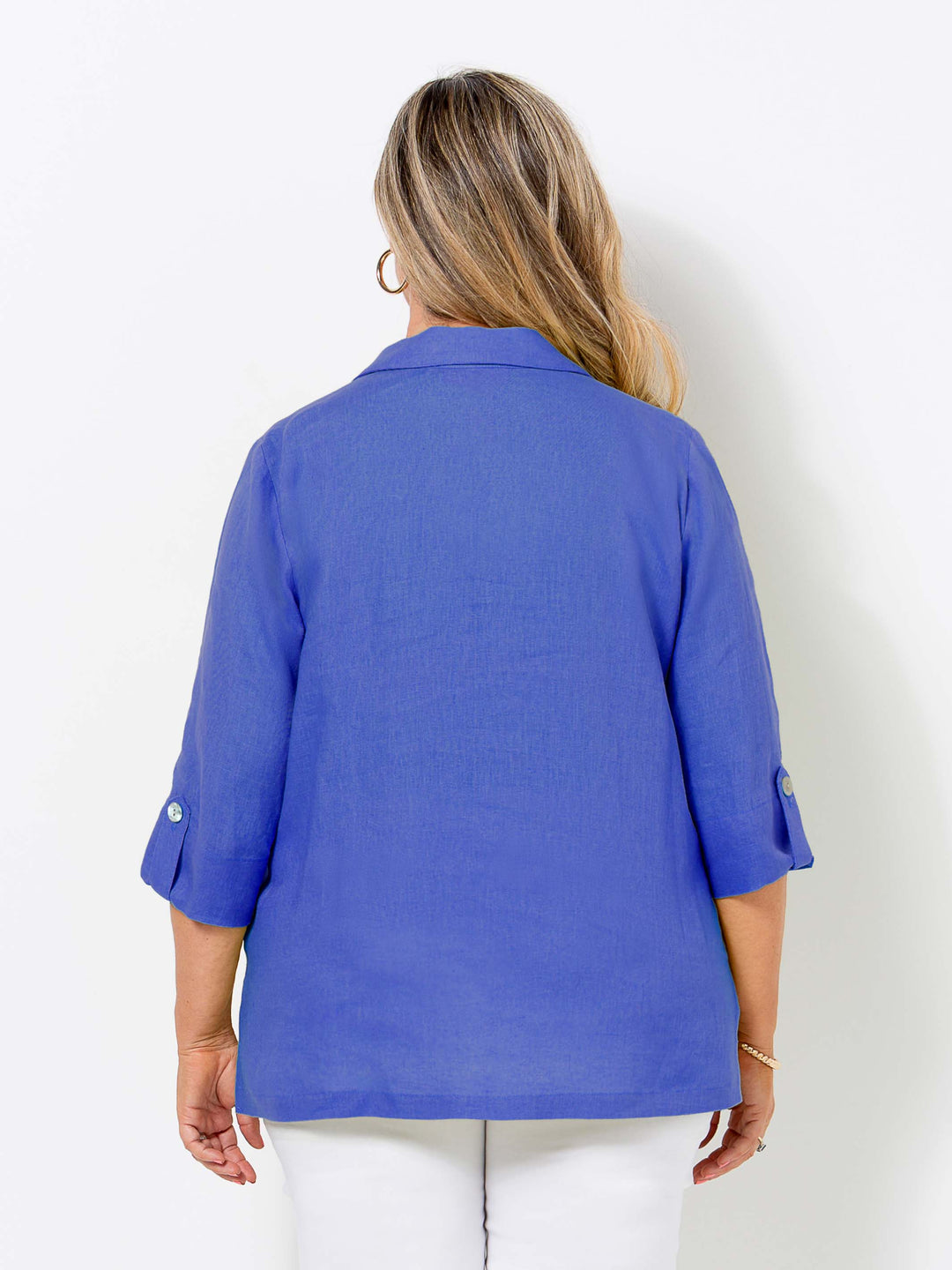 Tab Sleeve Collared Linen Shirt - Cobalt