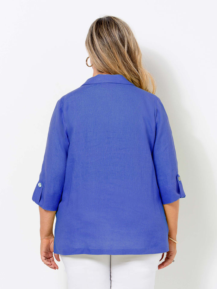 Tab Sleeve Collared Linen Shirt - Cobalt