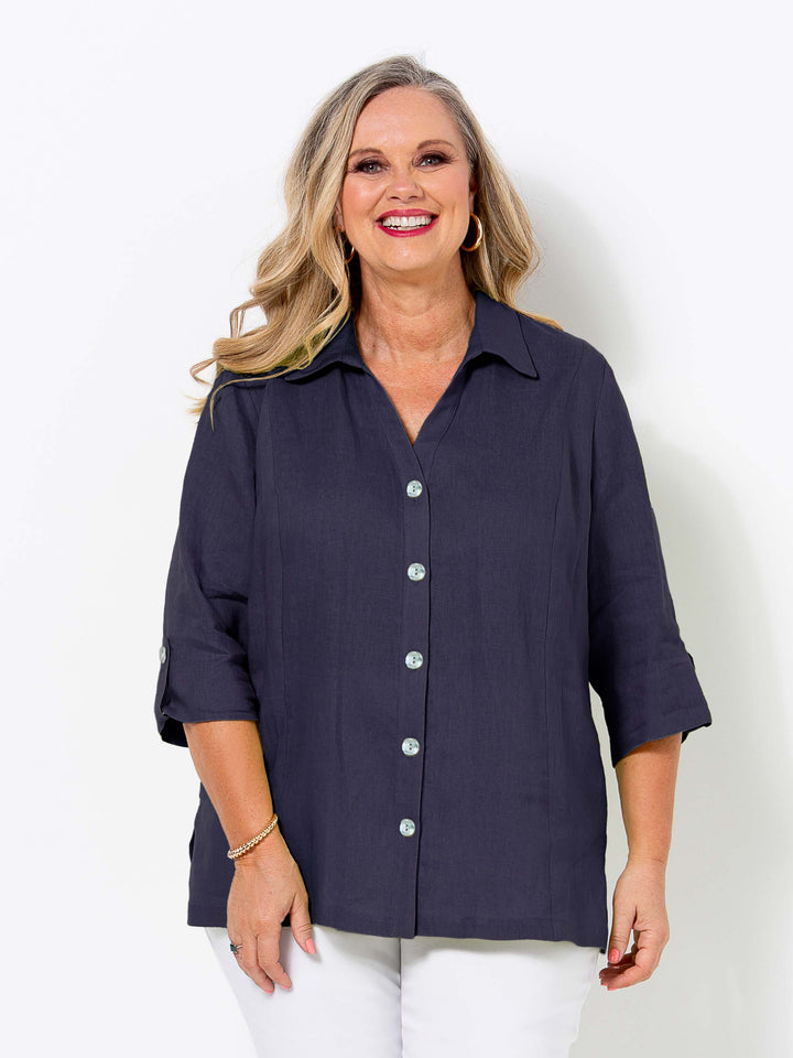 Tab Sleeve Collared Linen Shirt - French Navy
