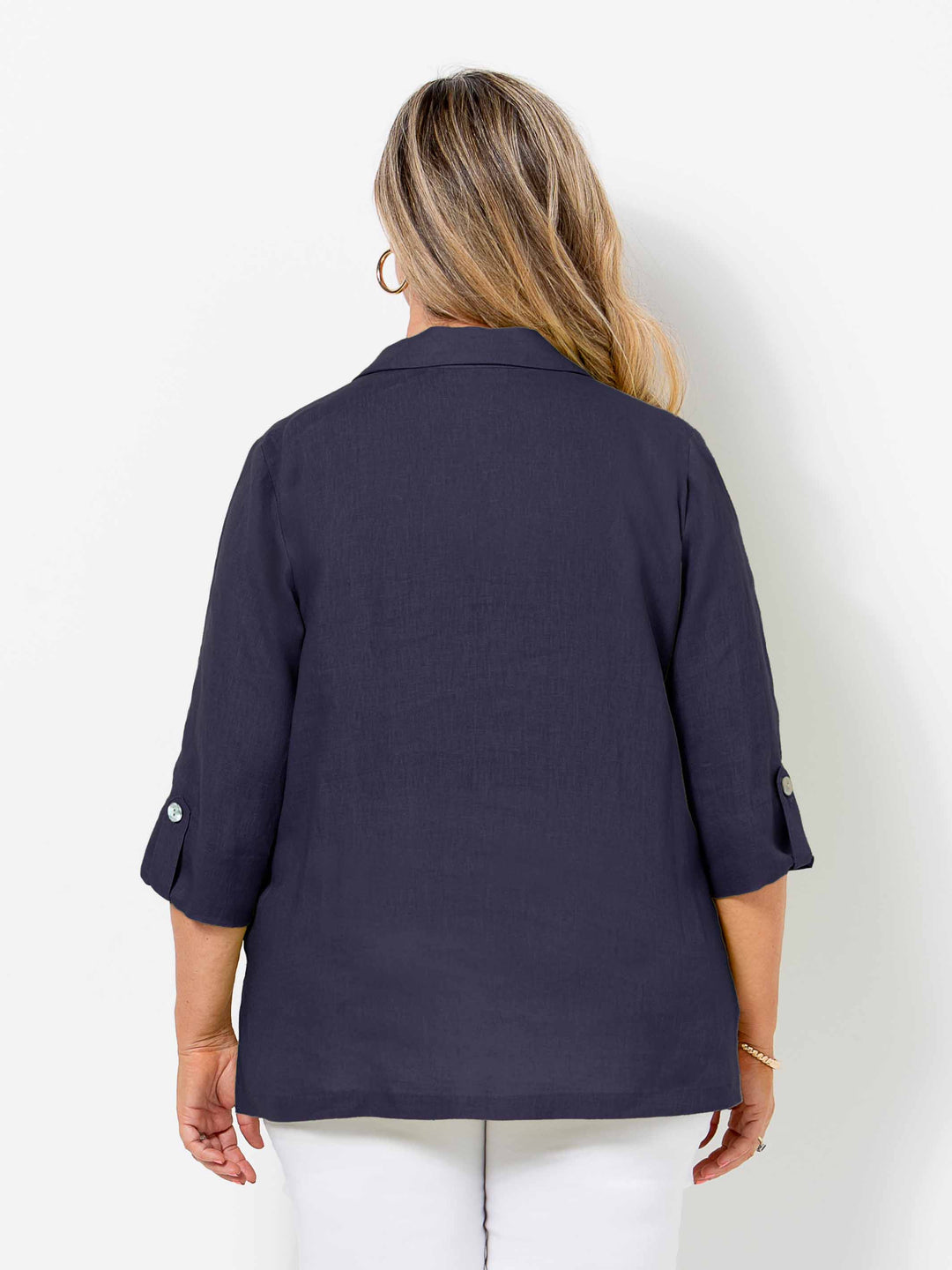Tab Sleeve Collared Linen Shirt - French Navy
