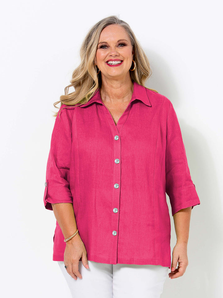 Tab Sleeve Collared Linen Shirt - Hot Pink