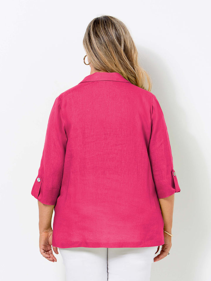 Tab Sleeve Collared Linen Shirt - Hot Pink