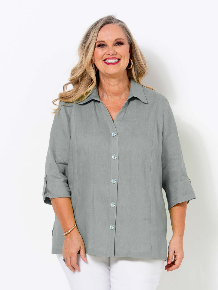 Tab Sleeve Collared Linen Shirt - Metal