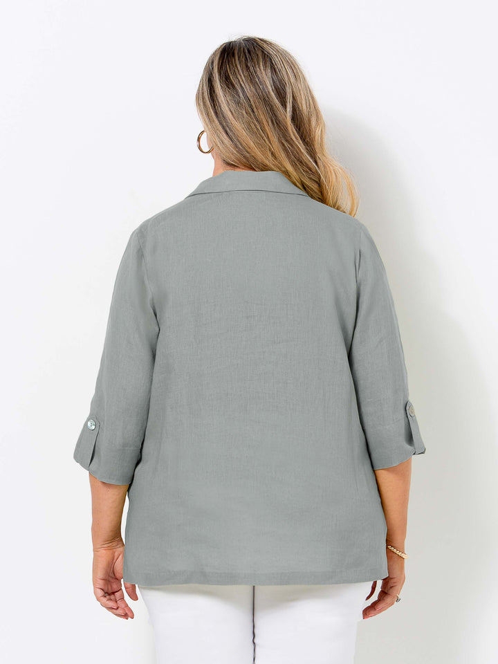 Tab Sleeve Collared Linen Shirt - Metal