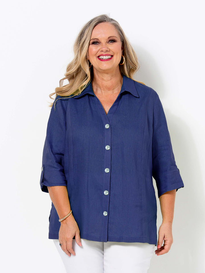 Tab Sleeve Collared Linen Shirt - Navy