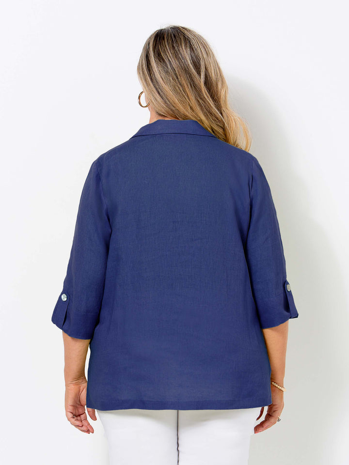 Tab Sleeve Collared Linen Shirt - Navy