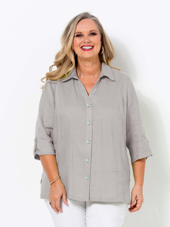Tab Sleeve Collared Linen Shirt - Silver