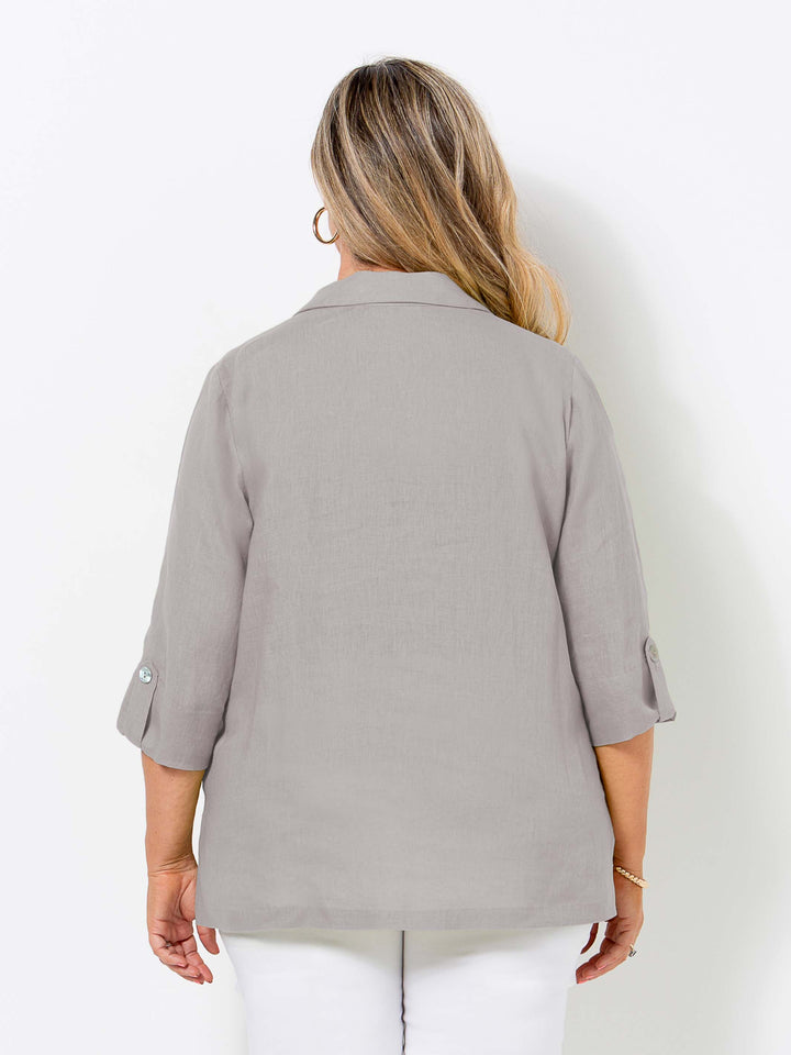 Tab Sleeve Collared Linen Shirt - Silver
