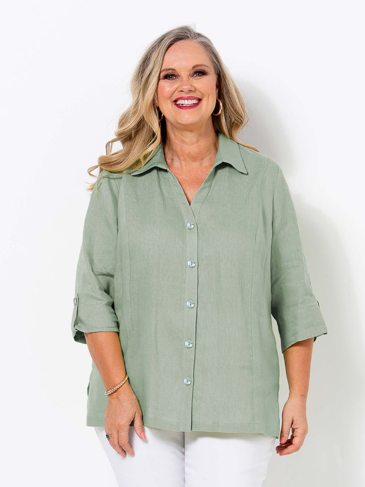 Tab Sleeve Collared Linen Shirt - Sage Green