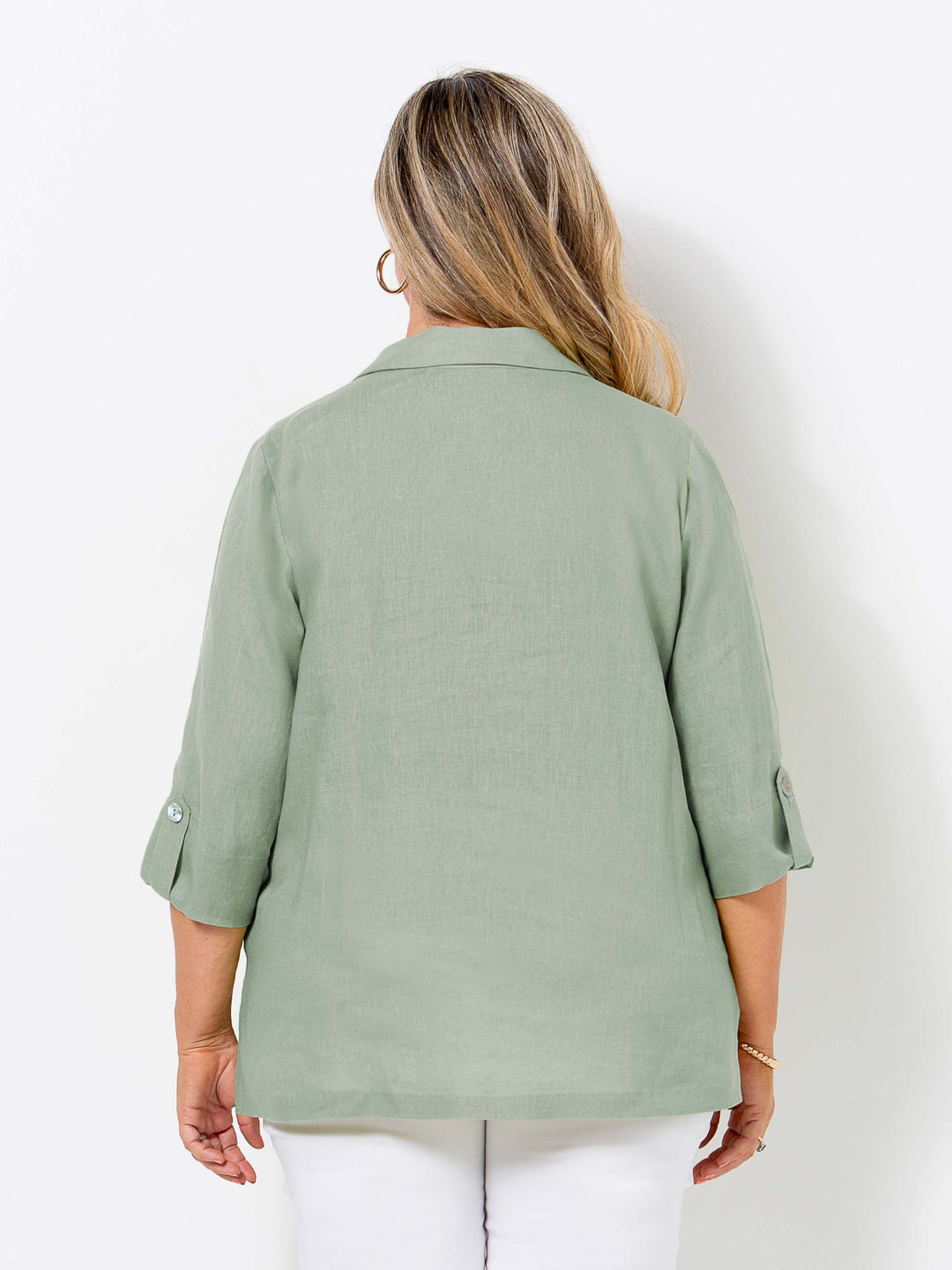 Tab Sleeve Collared Linen Shirt - Sage Green